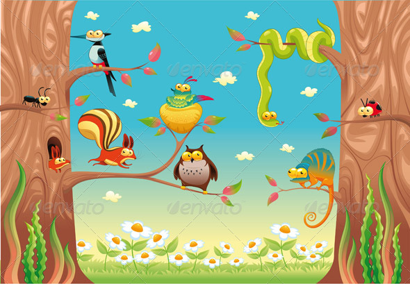 GraphicRiver Funny animals on branches 158359 GraphicRiver Funny animals on branches 158359