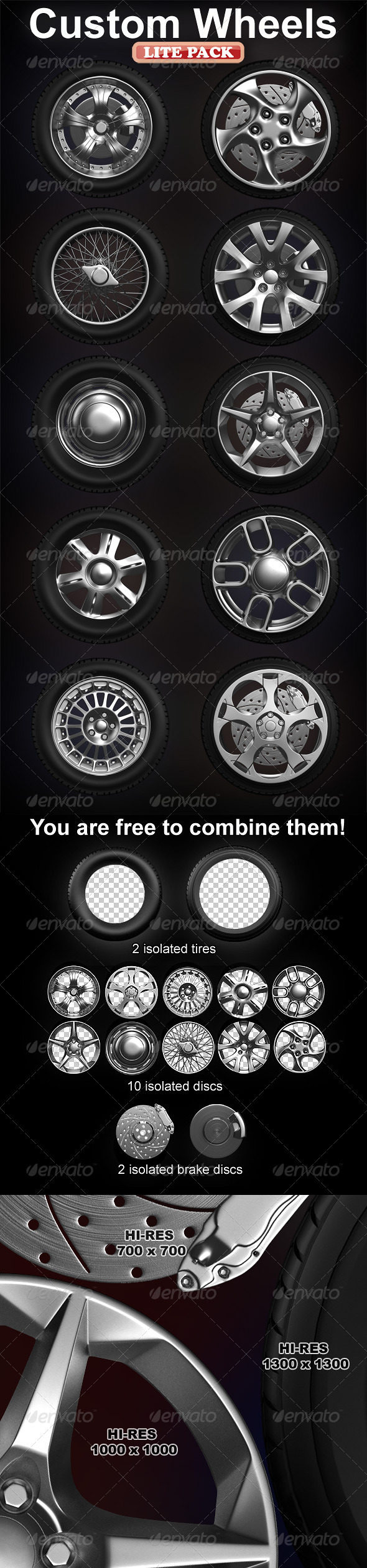 GraphicRiver Isolated custom wheels pack 2 tires 10 discs 1573951 GraphicRiver Isolated custom wheels pack 2 tires 10 discs 1573951