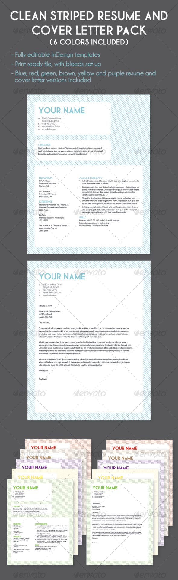 GraphicRiver Striped Resume and Cover Letter Multi-Color Pack 83384 GraphicRiver Striped Resume and Cover Letter Multi-Color Pack 83384