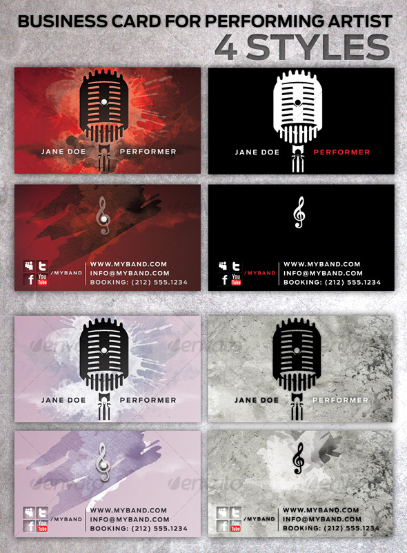 GraphicRiver Business Card for Performing Artists in 4 Styles 95641 GraphicRiver Business Card for Performing Artists in 4 Styles 95641