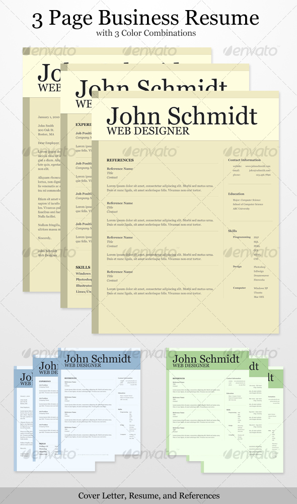 GraphicRiver 3 Page Business Resume with 3 Color Combinations 104459 GraphicRiver 3 Page Business Resume with 3 Color Combinations 104459