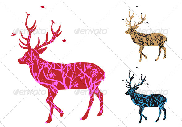 GraphicRiver Christmas Deer Silhouette with Birds 5971884 GraphicRiver Christmas Deer Silhouette with Birds 5971884