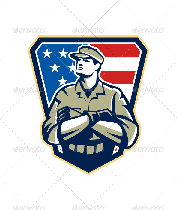 GraphicRiver American Soldier Arms Folded Flag Retro 6055462