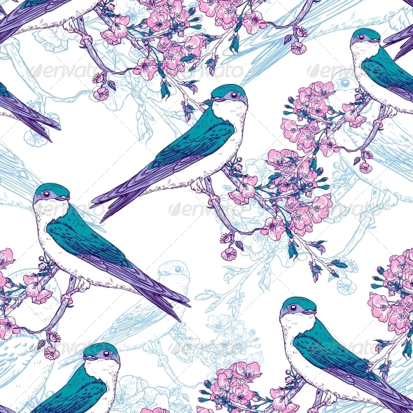 GraphicRiver Seamless Spring Cherry Pattern with Birds 6732397