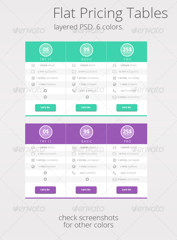 Flat UI Pricing tables in 6 colors - Tables Web Elements