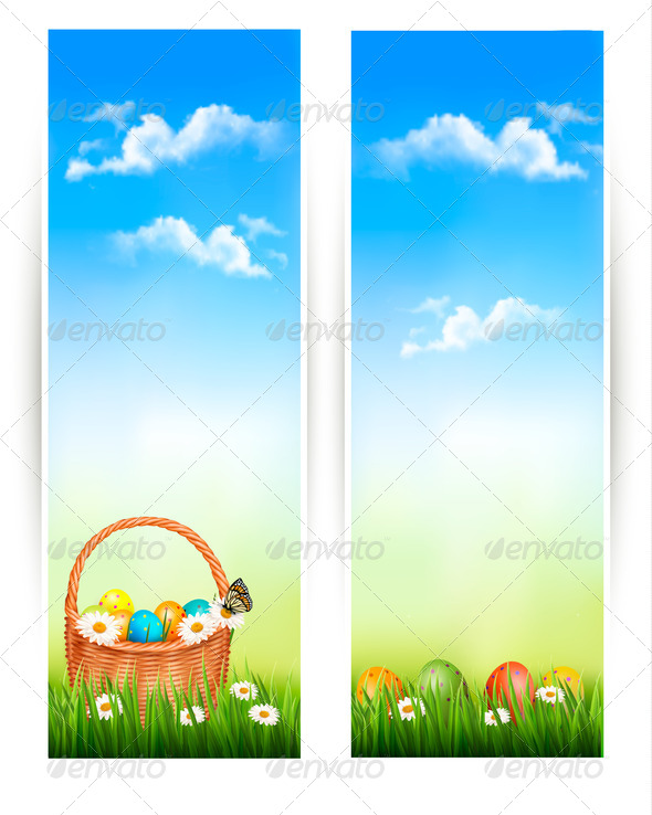 Easter banners with Easter eggs in basket and flowers. (Misc) Photo Download
