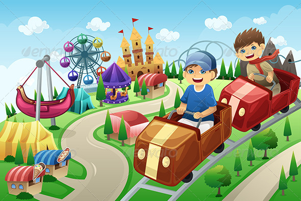 GraphicRiver Kids Having Fun in an Amusement Park 7224201 GraphicRiver Kids Having Fun in an Amusement Park 7224201