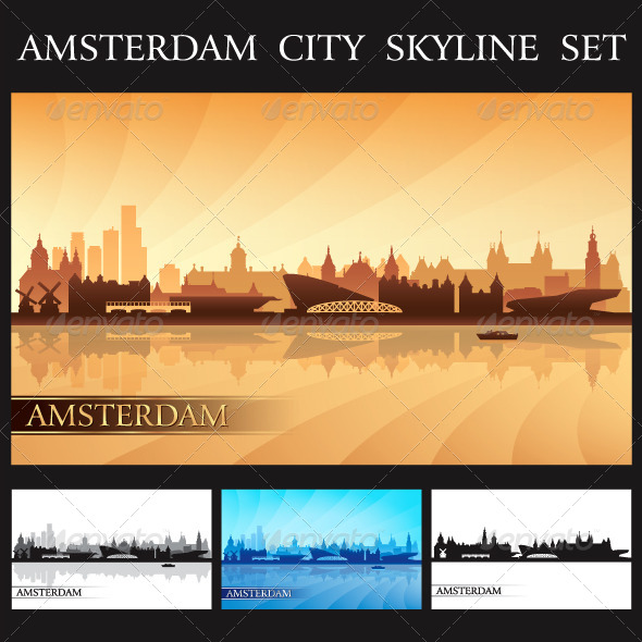 GraphicRiver Amsterdam City Skyline Silhouettes Set 7225659 GraphicRiver Amsterdam City Skyline Silhouettes Set 7225659