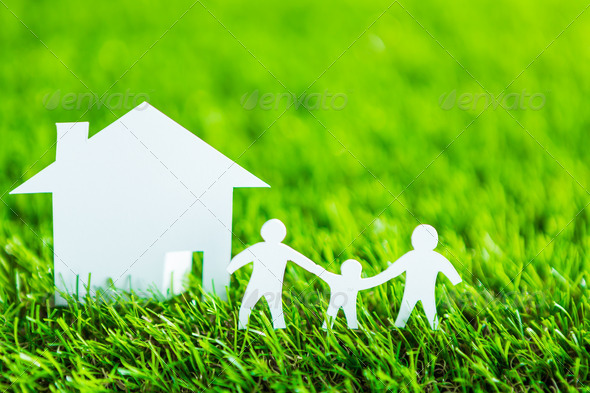 Paper cut of family with house and tree on fresh spring green gr (Misc) Photo Download