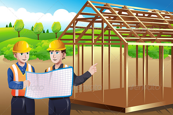 Construction Worker Discussing Blueprint (Business)