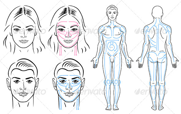 Facial and body massaging lines for man and woman (People)