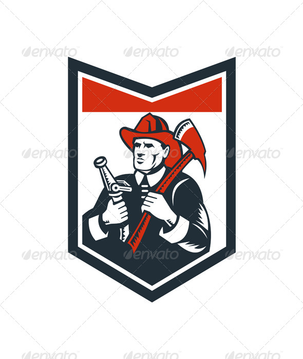 GraphicRiver Fireman Firefighter Carry Axe Hose Shield Woodcut 7285445 GraphicRiver Fireman Firefighter Carry Axe Hose Shield Woodcut 7285445