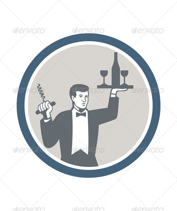 GraphicRiver Waiter Serving Wine Bottle on Platter Retro 7285462 GraphicRiver Waiter Serving Wine Bottle on Platter Retro 7285462