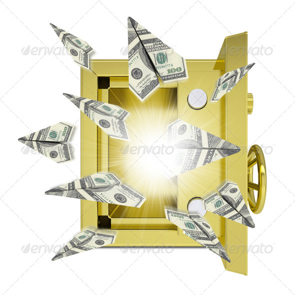 Paper airplanes of dollars from an open safe (Misc) Photo Download