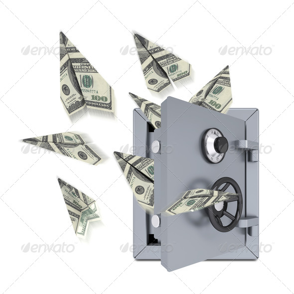 Paper airplanes of dollars from an open safe (Misc) Photo Download