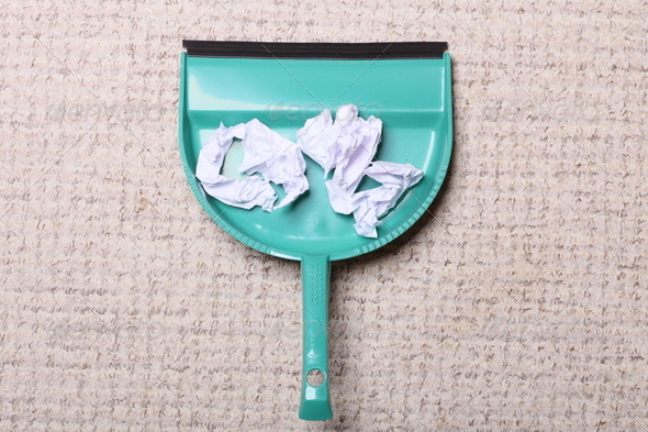 Cleaning. Green dustpan with garbage, housework (Misc) Photo Download