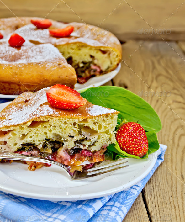 Pie with strawberry and sorrel on boards (Misc) Photo Download