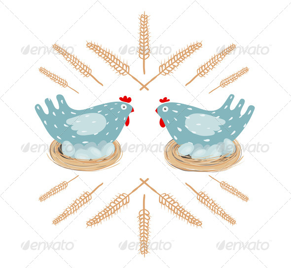 Hen in Nest with Eggs (Animals)