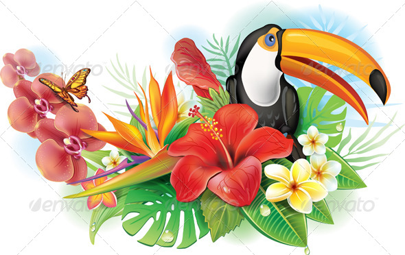 GraphicRiver Red Hibiscus Toucan and Tropical Flowers 7352990 GraphicRiver Red Hibiscus Toucan and Tropical Flowers 7352990