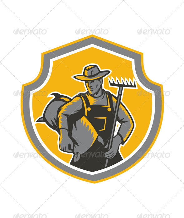 GraphicRiver Organic Farmer Carry Sack Rake Woodcut Retro 7370749 GraphicRiver Organic Farmer Carry Sack Rake Woodcut Retro 7370749