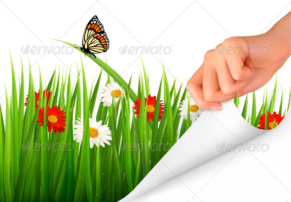 GraphicRiver Spring Background with Flowers Grass and a Hand 7379691 GraphicRiver Spring Background with Flowers Grass and a Hand 7379691