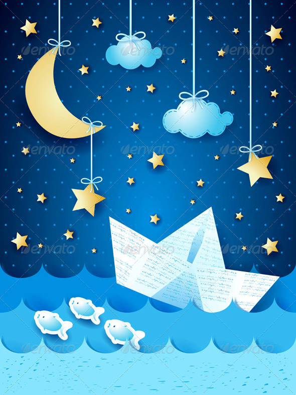 GraphicRiver Fantasy Seascape with Paper Boat 7383295 GraphicRiver Fantasy Seascape with Paper Boat 7383295