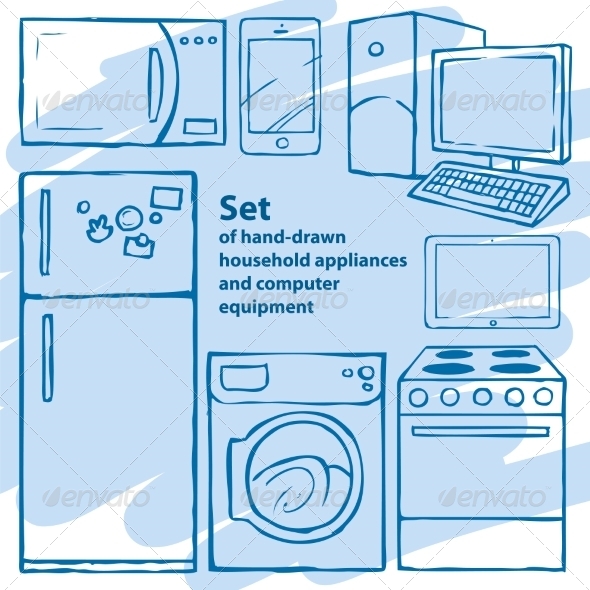 GraphicRiver Hand Drawn Appliances and Computer Equipment 7392008 GraphicRiver Hand Drawn Appliances and Computer Equipment 7392008