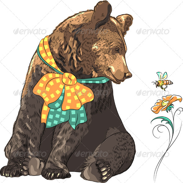 GraphicRiver Vector Funny Hipster Bear Watching Bee 7412521 GraphicRiver Vector Funny Hipster Bear Watching Bee 7412521