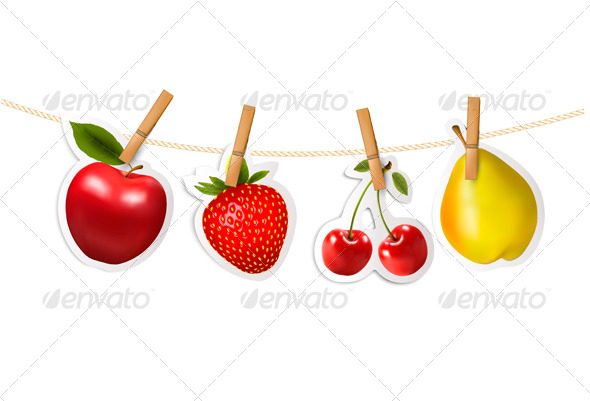GraphicRiver Fruit Stickers Hanging on a Rope 7708686