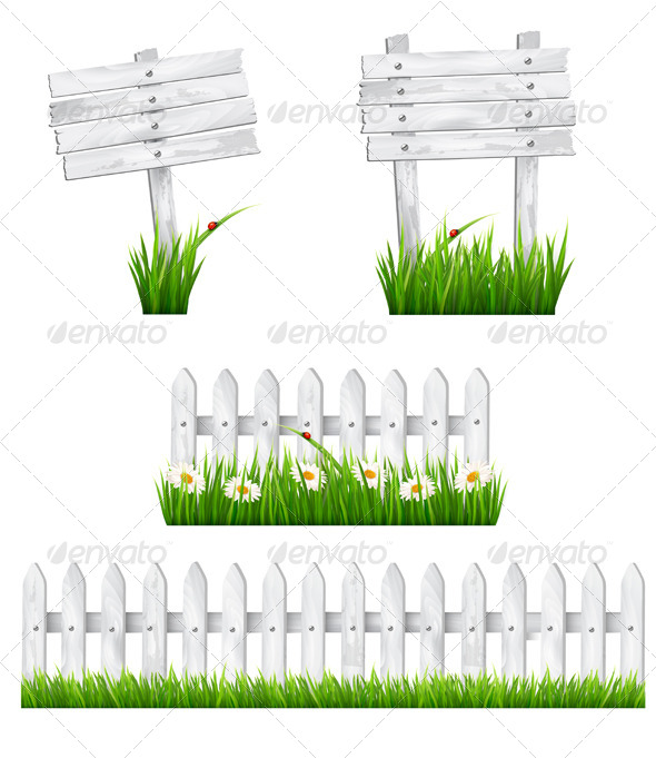 GraphicRiver Set of Wooden Signs and a Fences with Grass 7708729