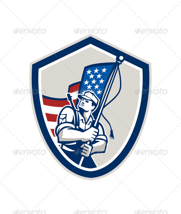 GraphicRiver American Soldier Waving Flag Shield 7708973