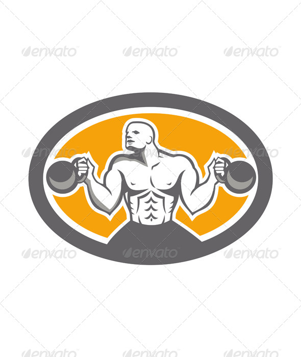 GraphicRiver Bodybuilder Lifting Kettlebell Front Oval Retro 7709104