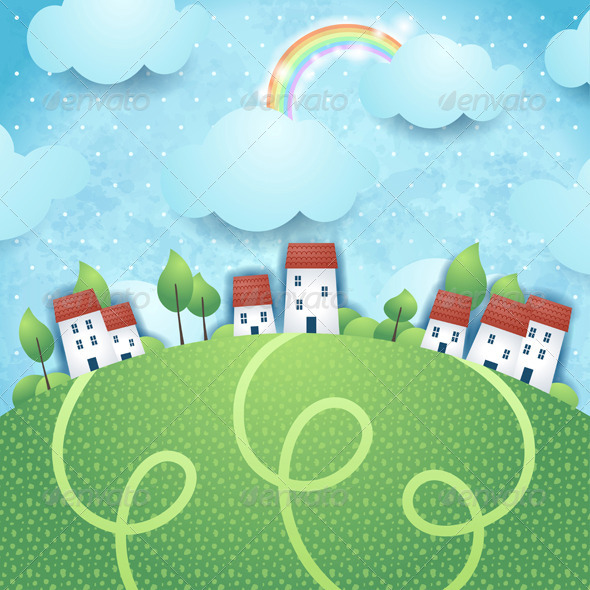 GraphicRiver Fantasy Landscape with Village and Rainbow 7683854