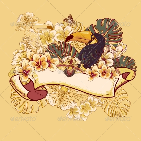 GraphicRiver Tropical Exotic Floral Card with Toucan 7792854 GraphicRiver Tropical Exotic Floral Card with Toucan 7792854