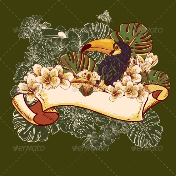 GraphicRiver Tropical Exotic Floral Card with Toucan 7792859 GraphicRiver Tropical Exotic Floral Card with Toucan 7792859